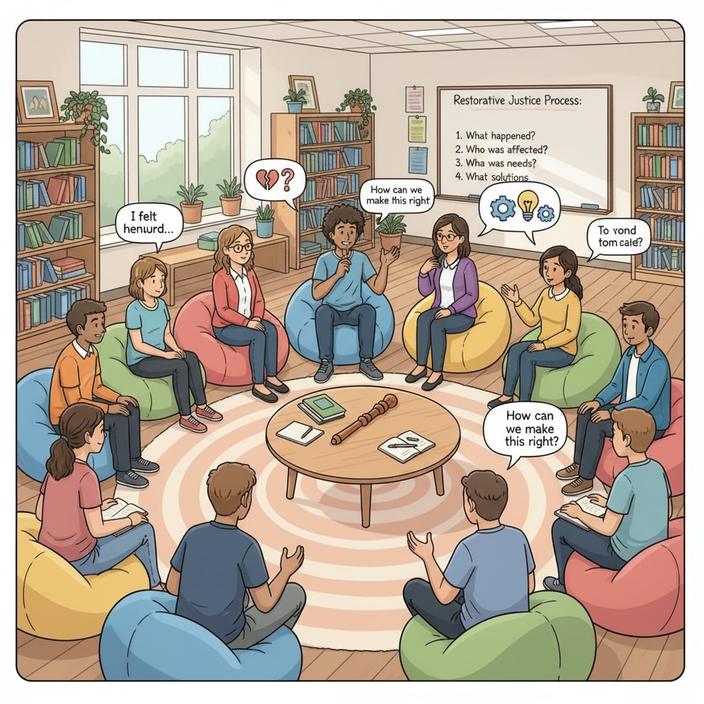 A group of students and teachers sitting in a circle, engaged in a restorative justice session, discussing feelings and solutions. This visualizes the practical application of restorative justice in a school setting. Restorative justice session in a school with students and teachers
