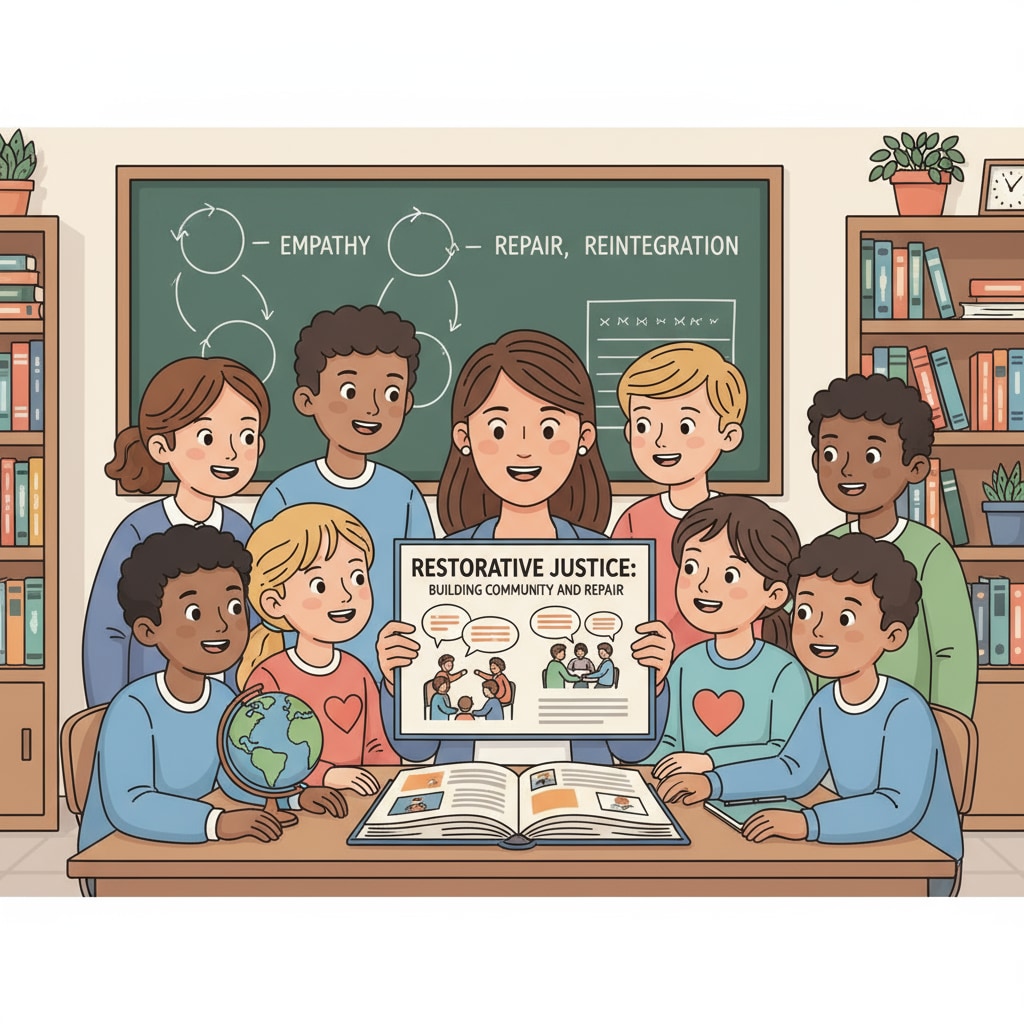A teacher holding a book about restorative justice, with students gathered around, eager to learn. It represents the importance of educational resources in promoting restorative justice. Teacher with a restorative justice book and eager students
