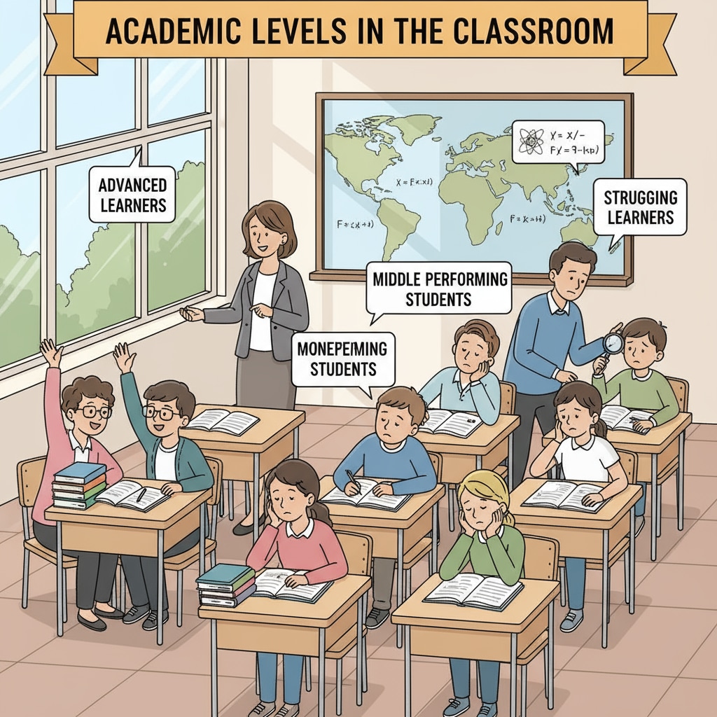 Classroom scene with middle-performing students showing signs of disengagement related to education system, class placement, learning environment, and student engagement