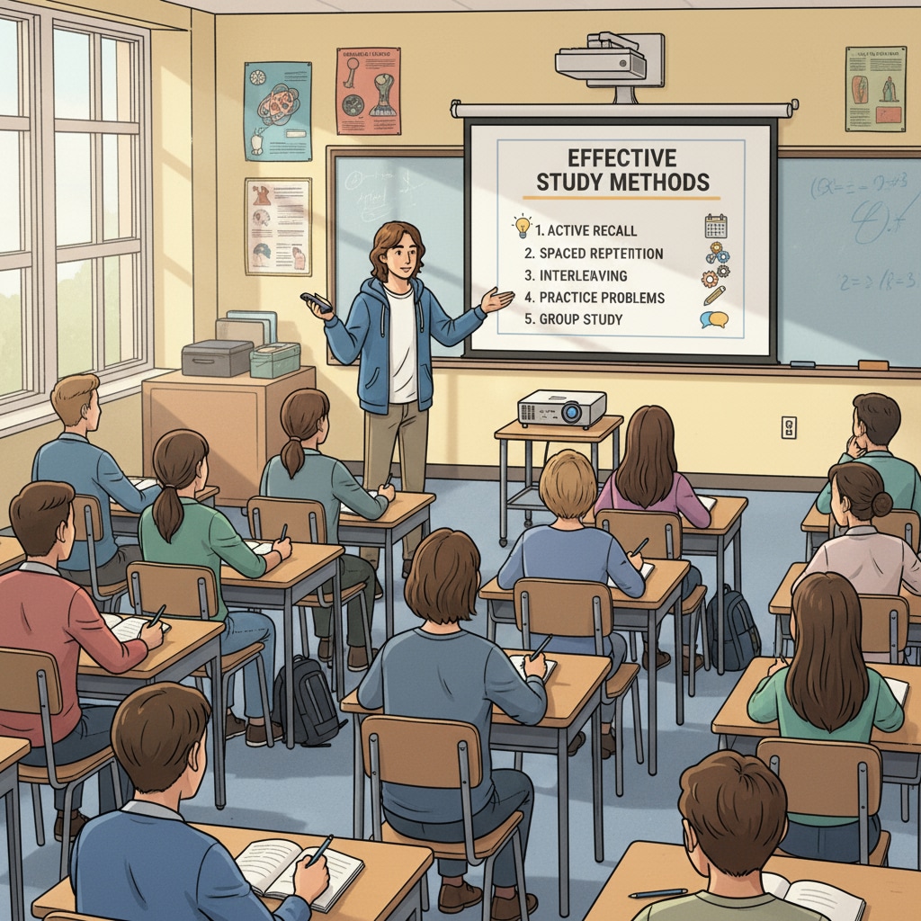 High school student presenting study methods in class