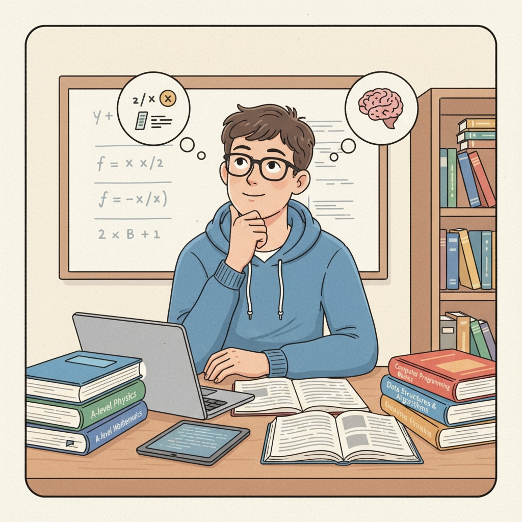 A 17-year-old student contemplating his educational choices regarding A-level courses and computer science.