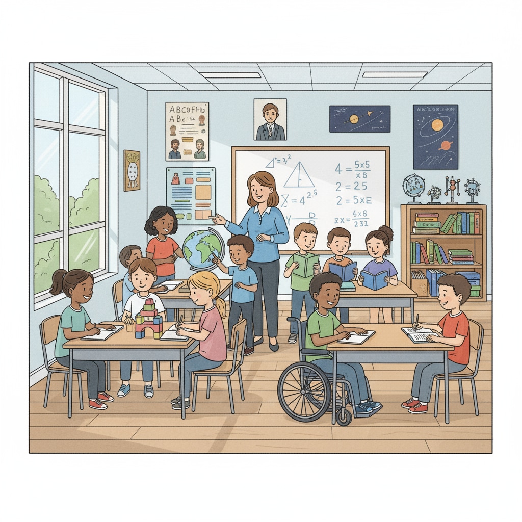 A classroom scene with students engaged in learning activities, representing the K12 education environment. Classroom scene related to Trump administration's education reforms