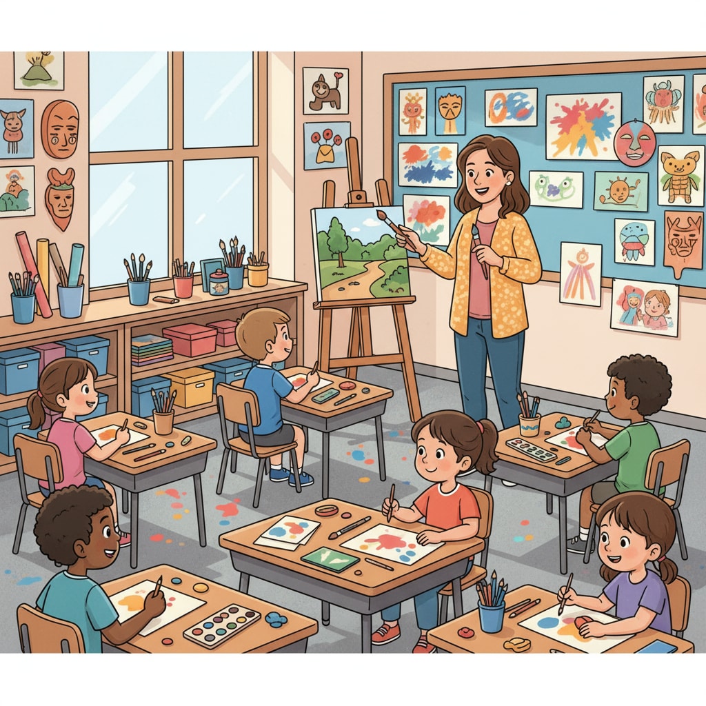 A primary school art teacher in a classroom, related to teacher career transition, professional development, and ABA therapy