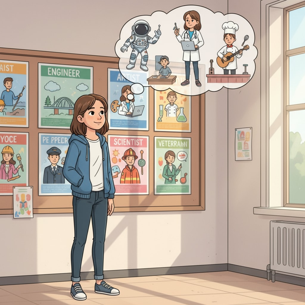 Student looking at career posters while considering dream jobs and employment realities