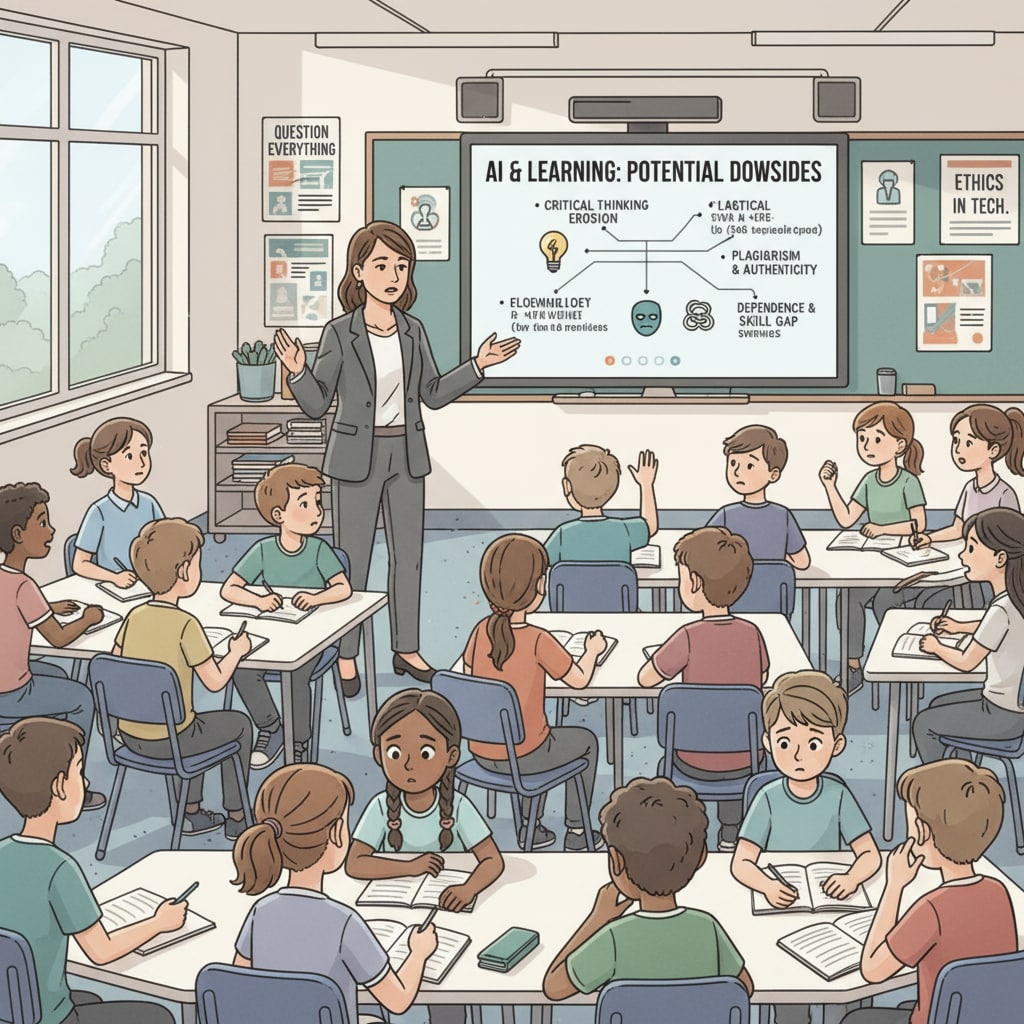 Teacher discussing the potential harm of AI in a classroom to educate students