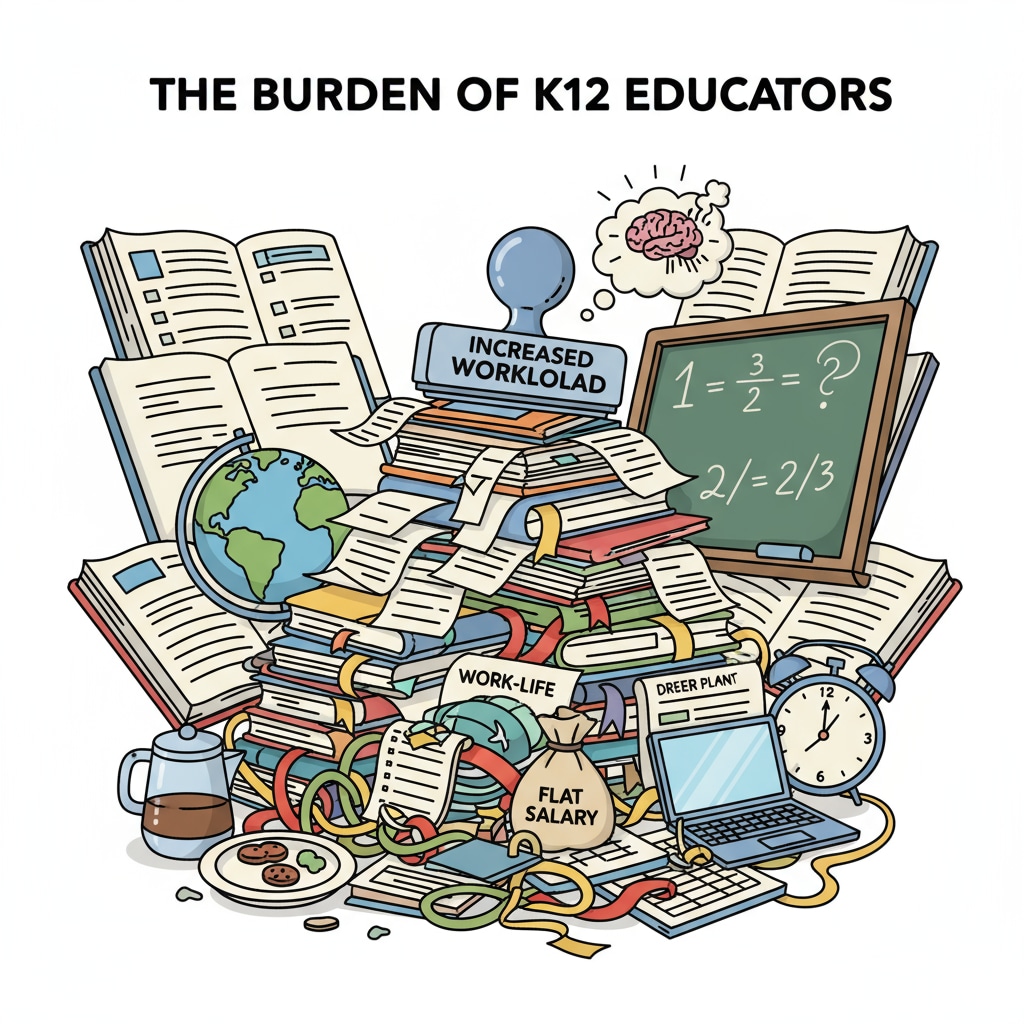An image depicting K12 educators looking stressed while surrounded by teaching materials, signifying the burden of increased work duties without salary adjustments. K12 educators under stress due to job reclassification, extra work duties, and lack of salary negotiation success