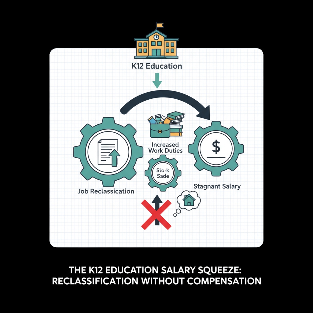 A graph visually representing the relationship between job reclassification, increased work duties, and stagnant salary in K12 education. Graph showing job reclassification, extra work duties, and no salary increase in K12 education