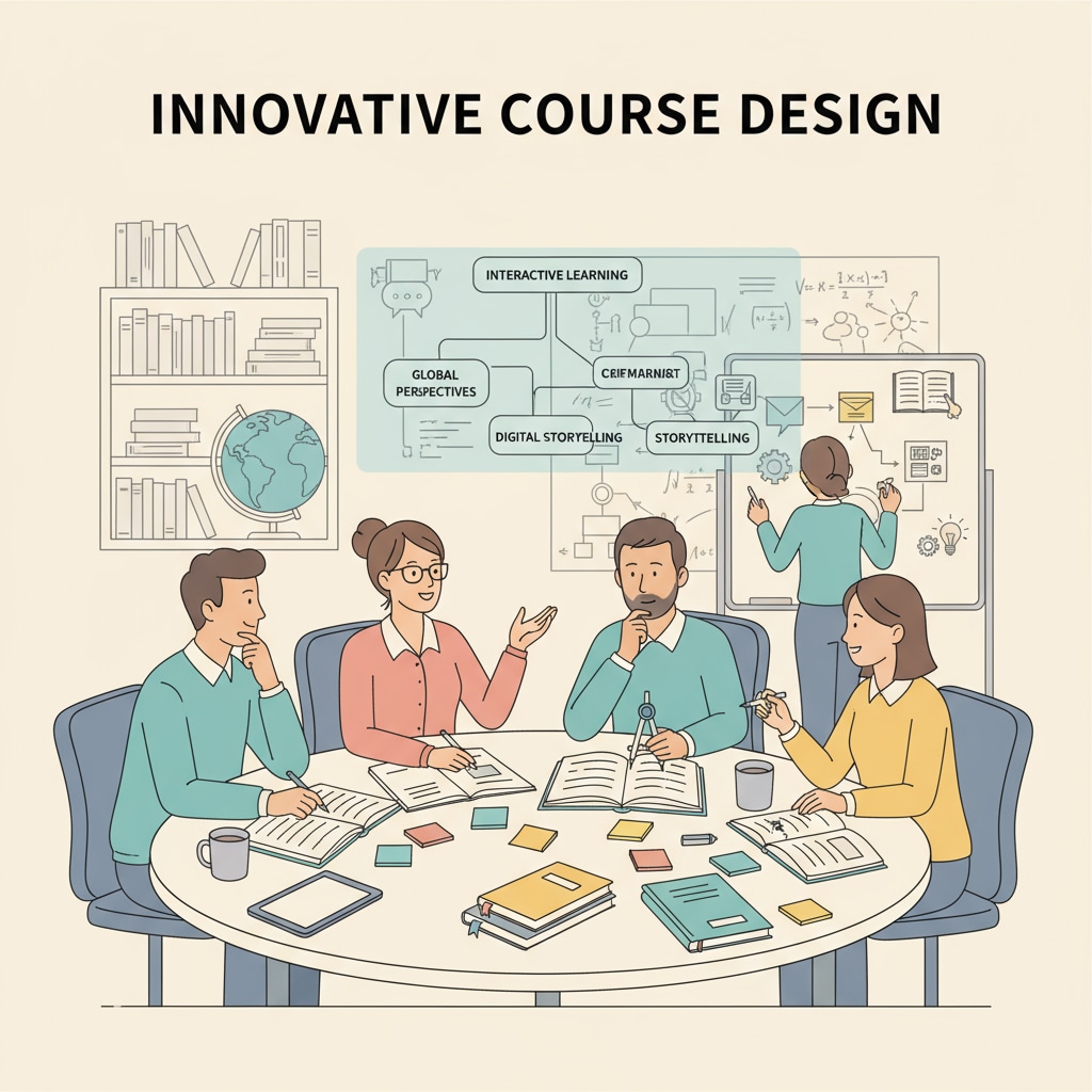 A group of teachers sitting around a table, discussing and brainstorming ideas for innovative courses. Teachers discussing innovative course ideas to enhance student engagement.