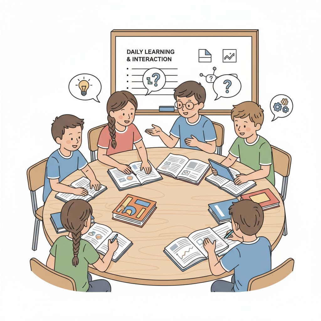 A group of K12 students are sitting around a table, studying textbooks and discussing ideas, showing their daily learning and interaction scenarios. K12 students engaged in learning and interaction related to work-learning balance, time management, and marriage relationships