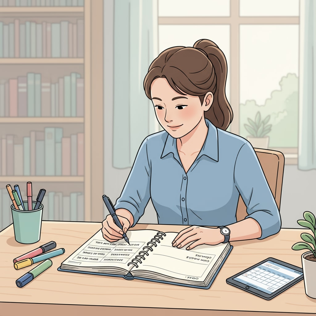 A student is sitting at a desk, carefully writing in a planner, marking study times, family time, and other activities. A student using a planner for work-learning balance, time management, and considering marriage relationship time