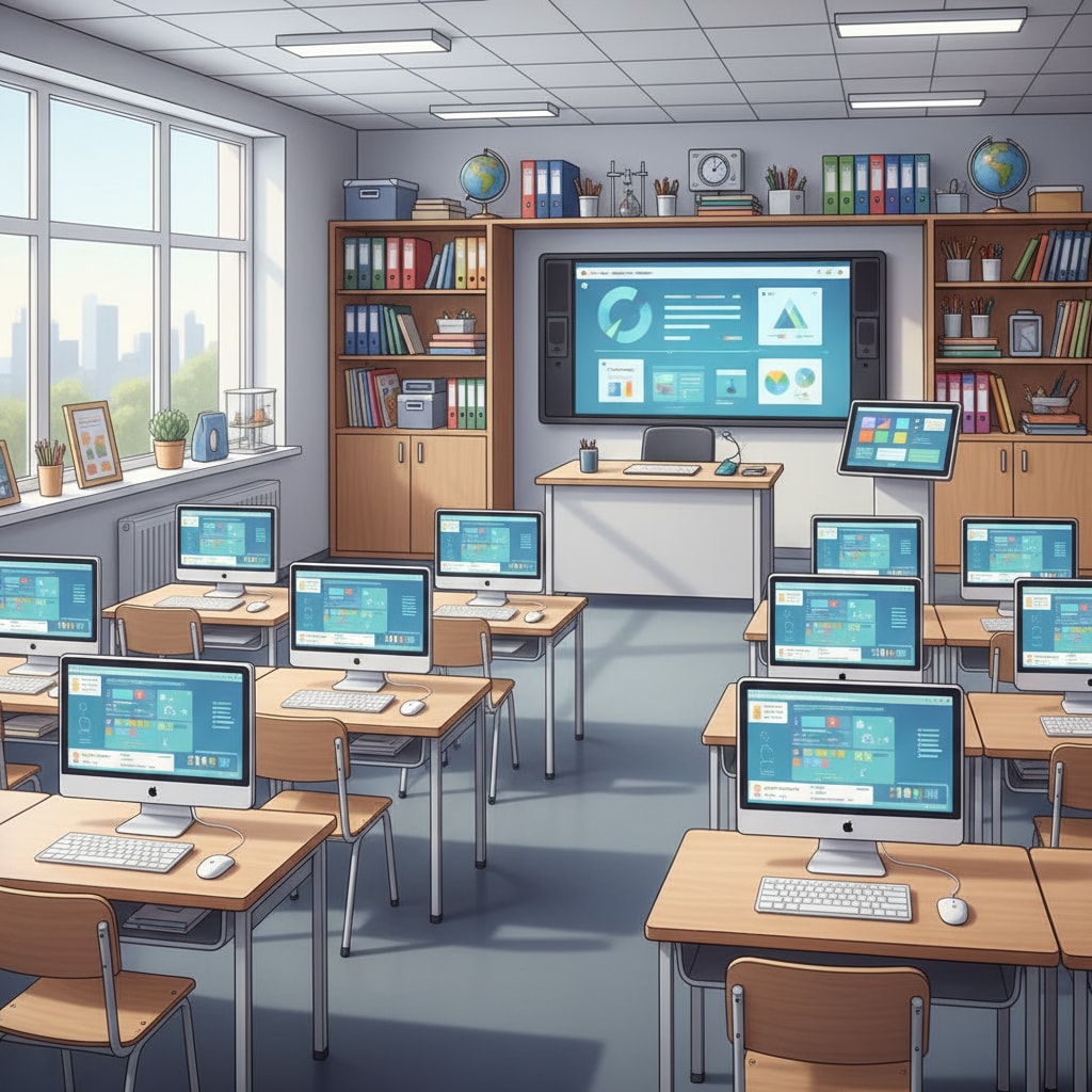 Modern educational technology in a classroom environment related to teaching methods, technology, and learning environment