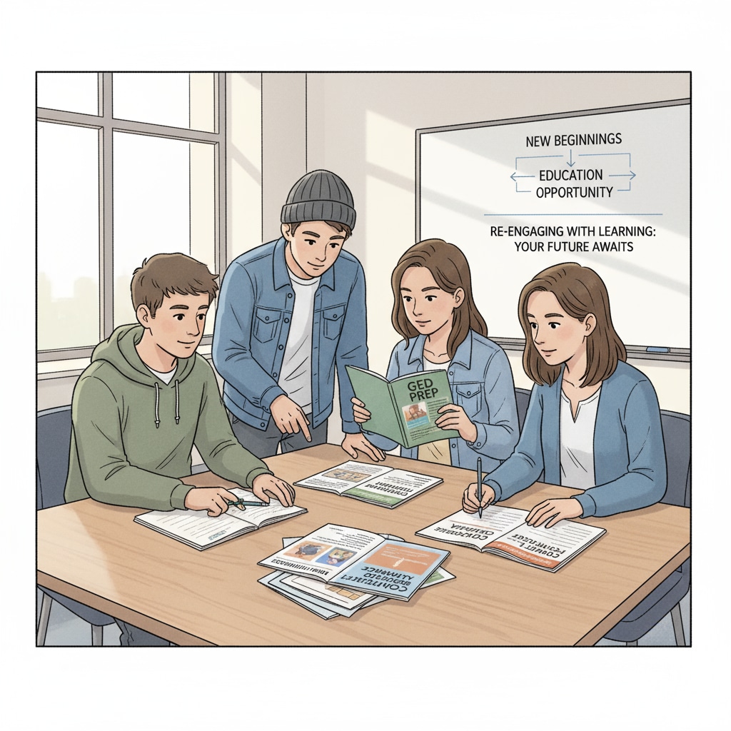 Dropout teenagers exploring education choices through brochures