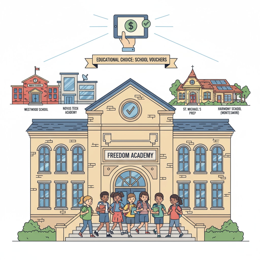 Students walking into a school building with different school options, related to school vouchers, public school funding, and education policy