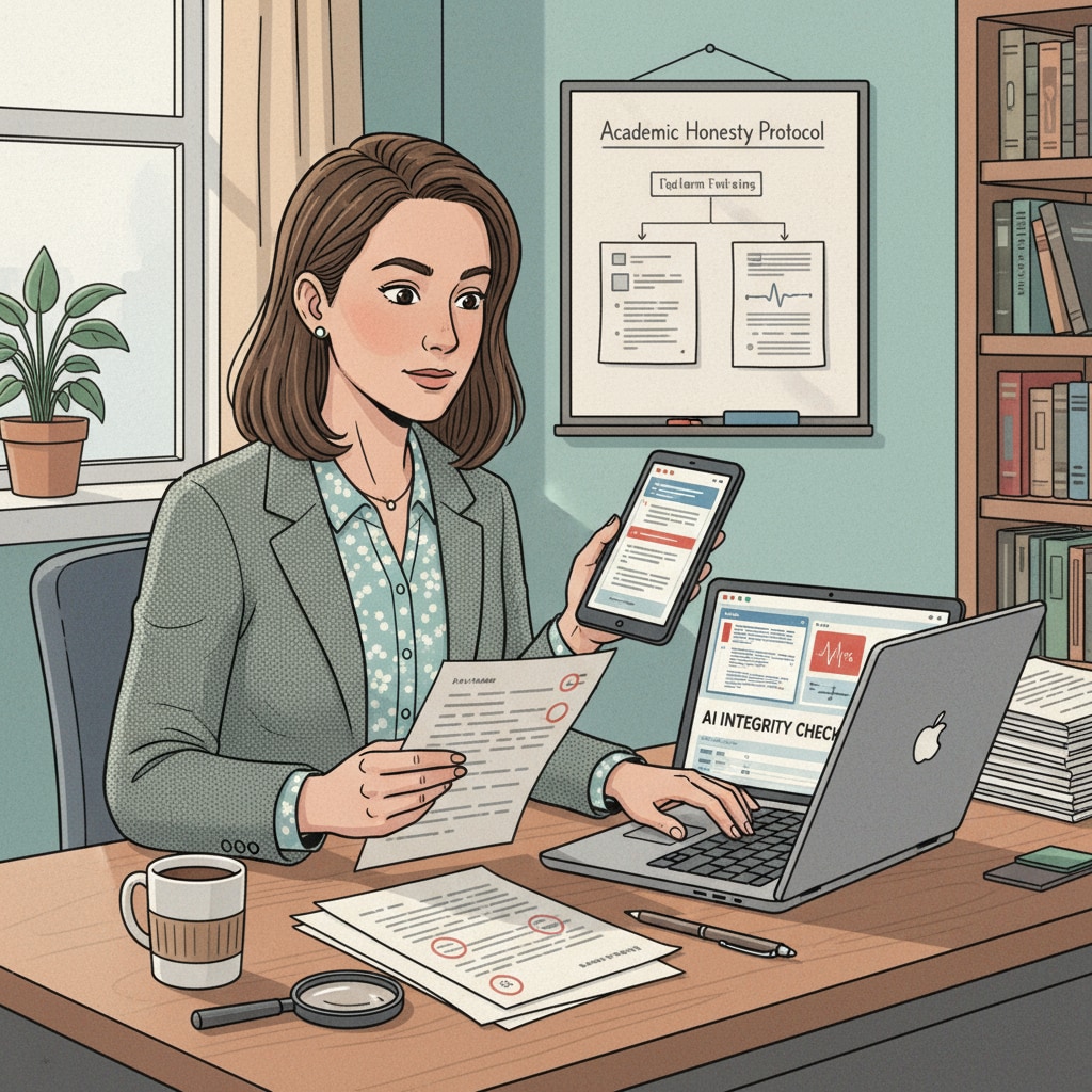 Teacher checking student work for signs of AI use to ensure academic integrity and educational fairness