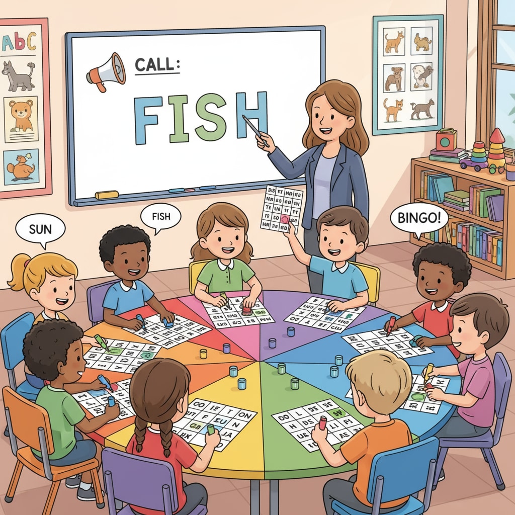 Lower primary students playing an English word bingo game for language learning in primary education