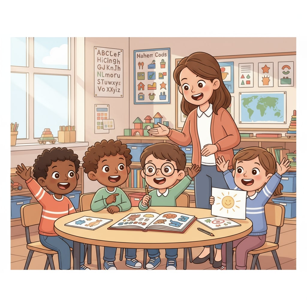 A group of children in a kindergarten classroom, showing their enthusiasm for learning. Children in a kindergarten classroom related to gifted program, kindergarten admission, and educational equality.