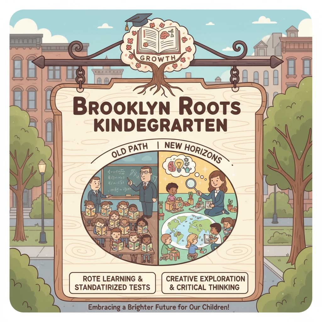 A sign outside a New York City kindergarten, symbolizing the change in educational policies. Sign outside a kindergarten indicating the change in educational policies related to gifted program, kindergarten admission, and educational equality.