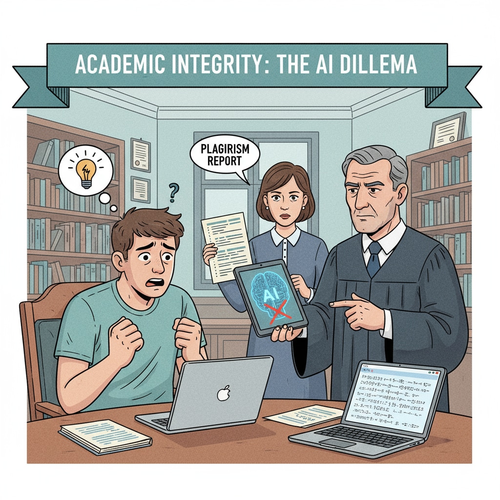 A distressed student facing false AI use accusations in a university