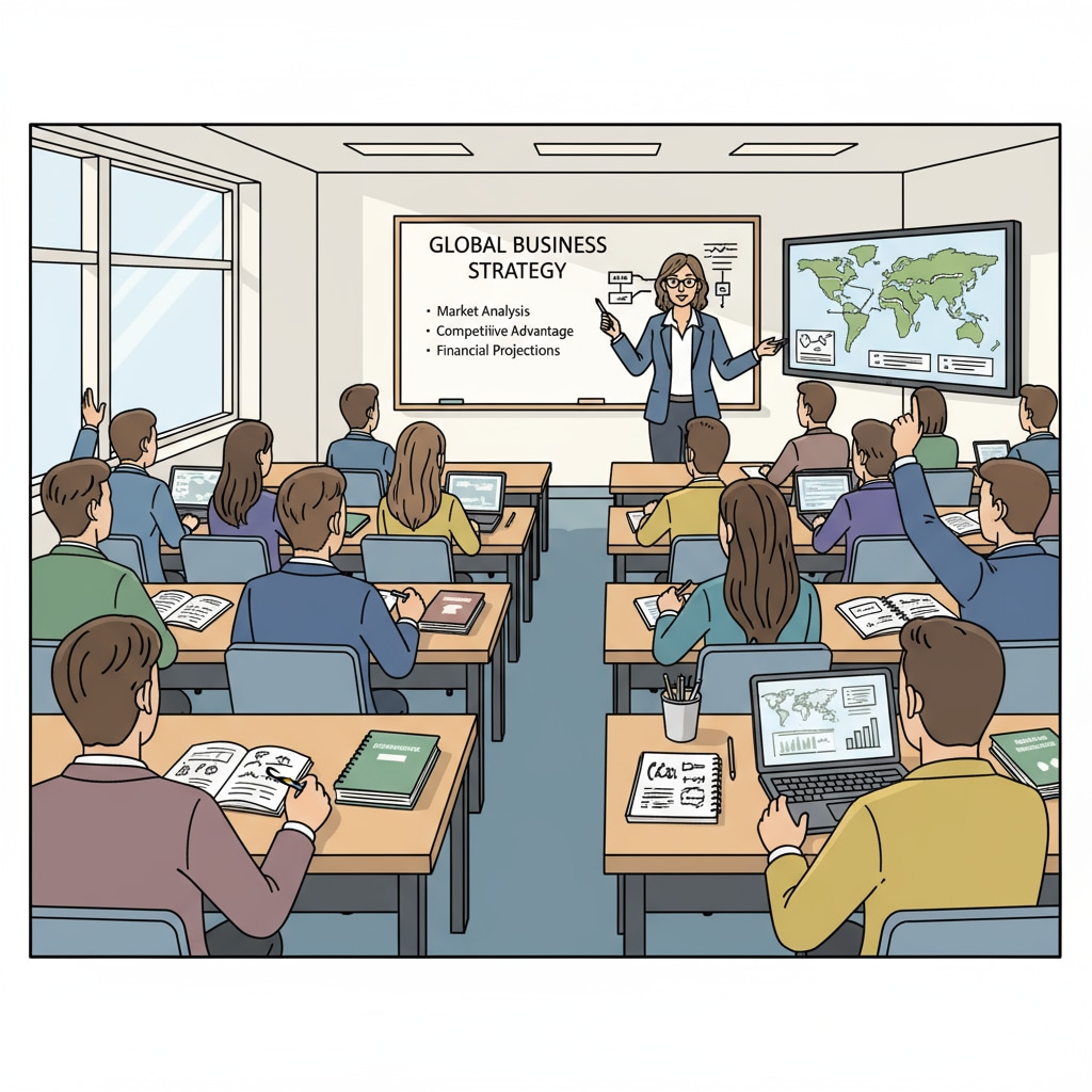 Business students in a higher education setting considering course selection for their career paths