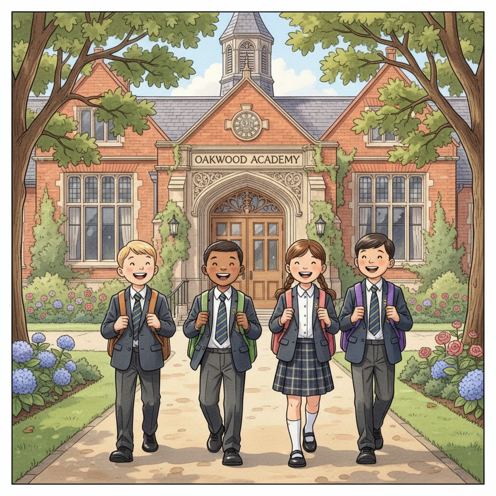 A group of children are walking towards the entrance of a beautiful private primary school in the UK, with smiles on their faces. Children entering a private primary school in the UK related to bursary applications