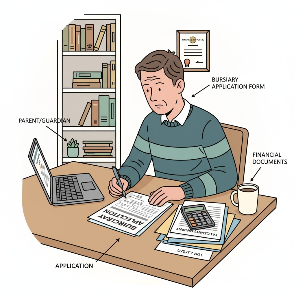 A parent is sitting at a table, concentrating on filling out a bursary application form, with various documents beside them. Parent filling out a bursary application form for a UK private primary school