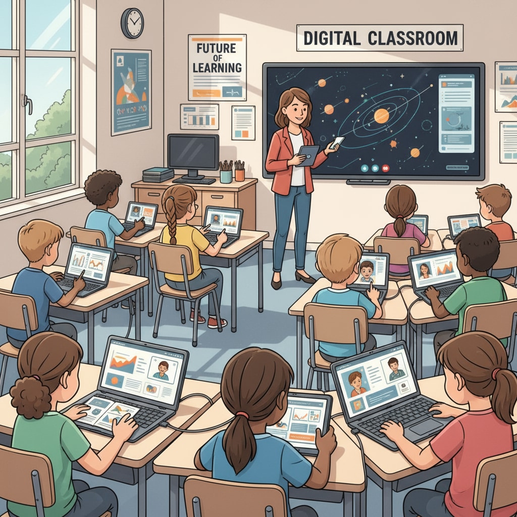 A classroom scene where students are using laptops and tablets to learn, indicating the integration of digital technology in education. Students in a secondary education classroom engaging in digital age learning during the post-pandemic era.