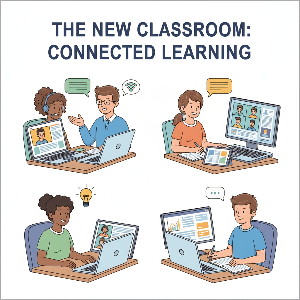 A group of students participating in an online class, showing the new normal of post-pandemic education. Students involved in post-pandemic secondary education through an online learning platform in the digital age.