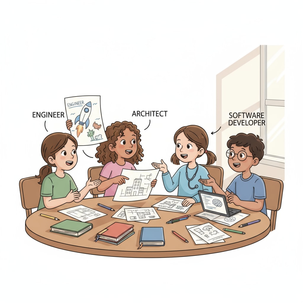 A group of K12 students are gathered around a table, animatedly discussing their ideas about future careers. Some are holding papers with sketches of potential career paths. K12 students exploring career choices amidst parental control and their own desires