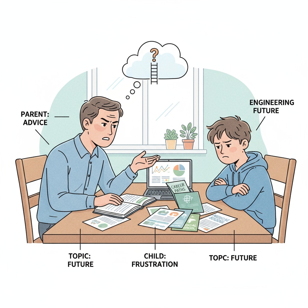 A parent and child are sitting across from each other at a dining table. The parent has a serious expression, and the child looks a bit frustrated during their conversation about career choices. A parent-child discussion on career choices highlighting the conflict of parental control and adolescent autonomy