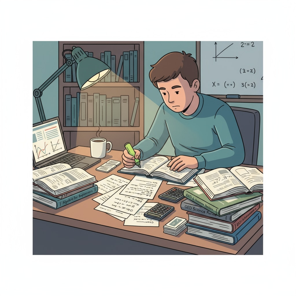 A student studying GED math and science materials at a desk
