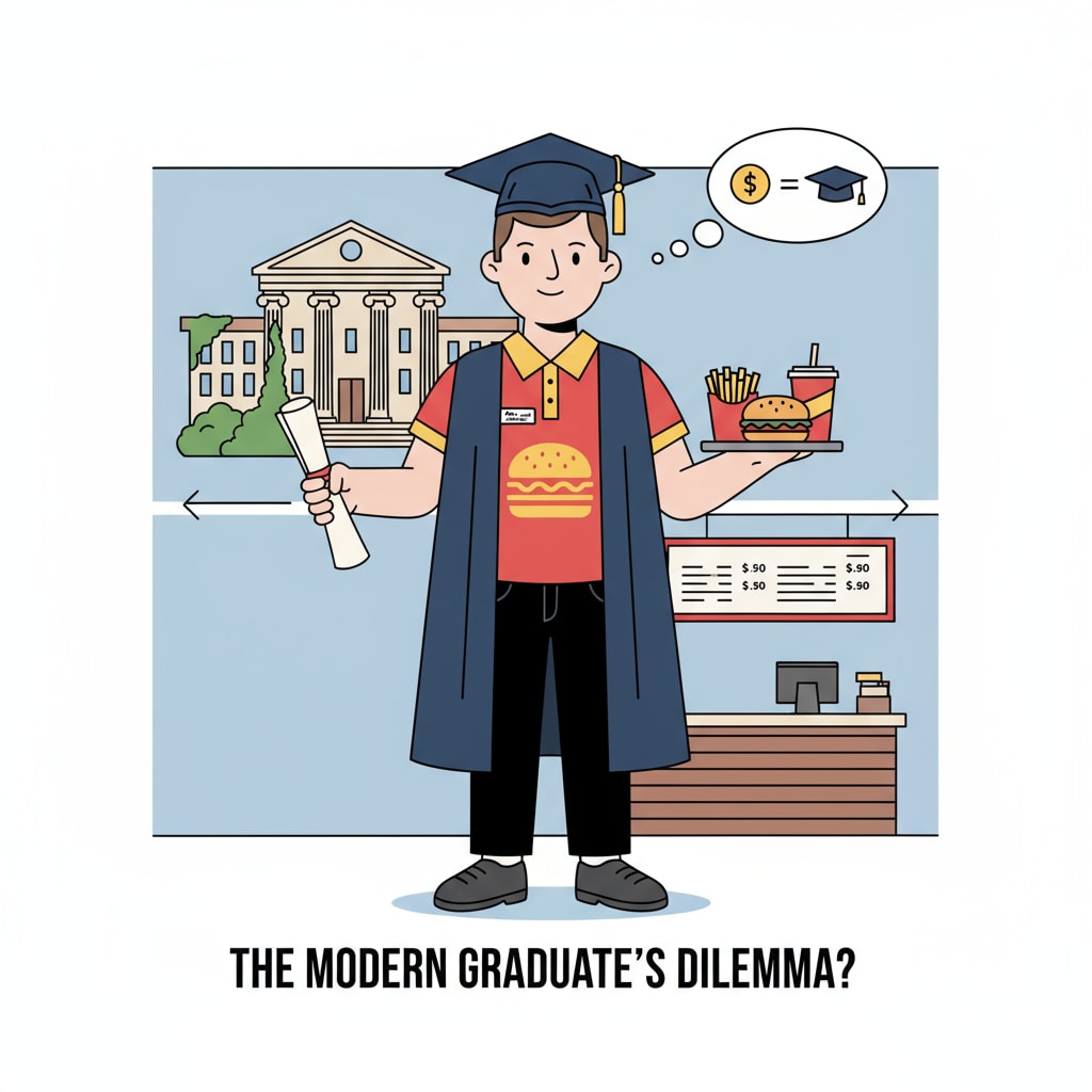 A person in a fast food uniform wearing a graduation cap and gown, representing the connection between university degrees, job market, and fast food jobs.