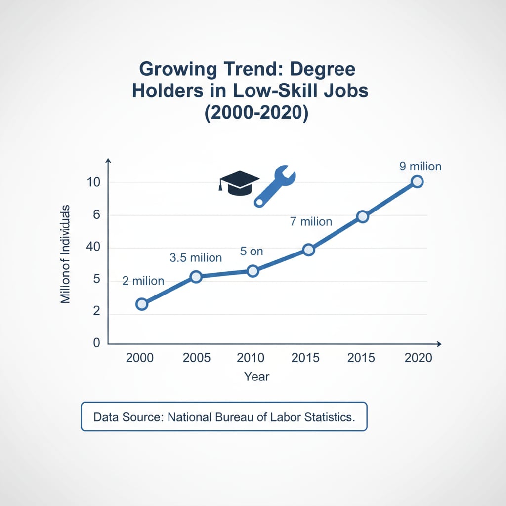 Graph depicting the rise of degree holders in low-skill jobs, related to university degrees, job market, and fast food jobs.