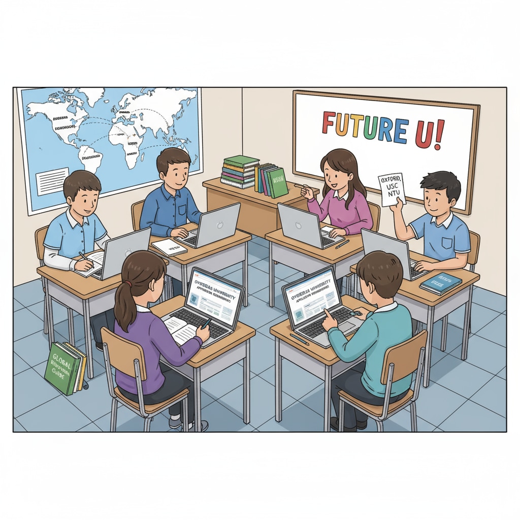 A group of high school students are sitting at desks, looking at laptops, researching overseas university application requirements. Some are taking notes, and there are papers with university names and details scattered on the desks. High school students researching overseas university application requirements in relation to scholarships and extracurriculars
