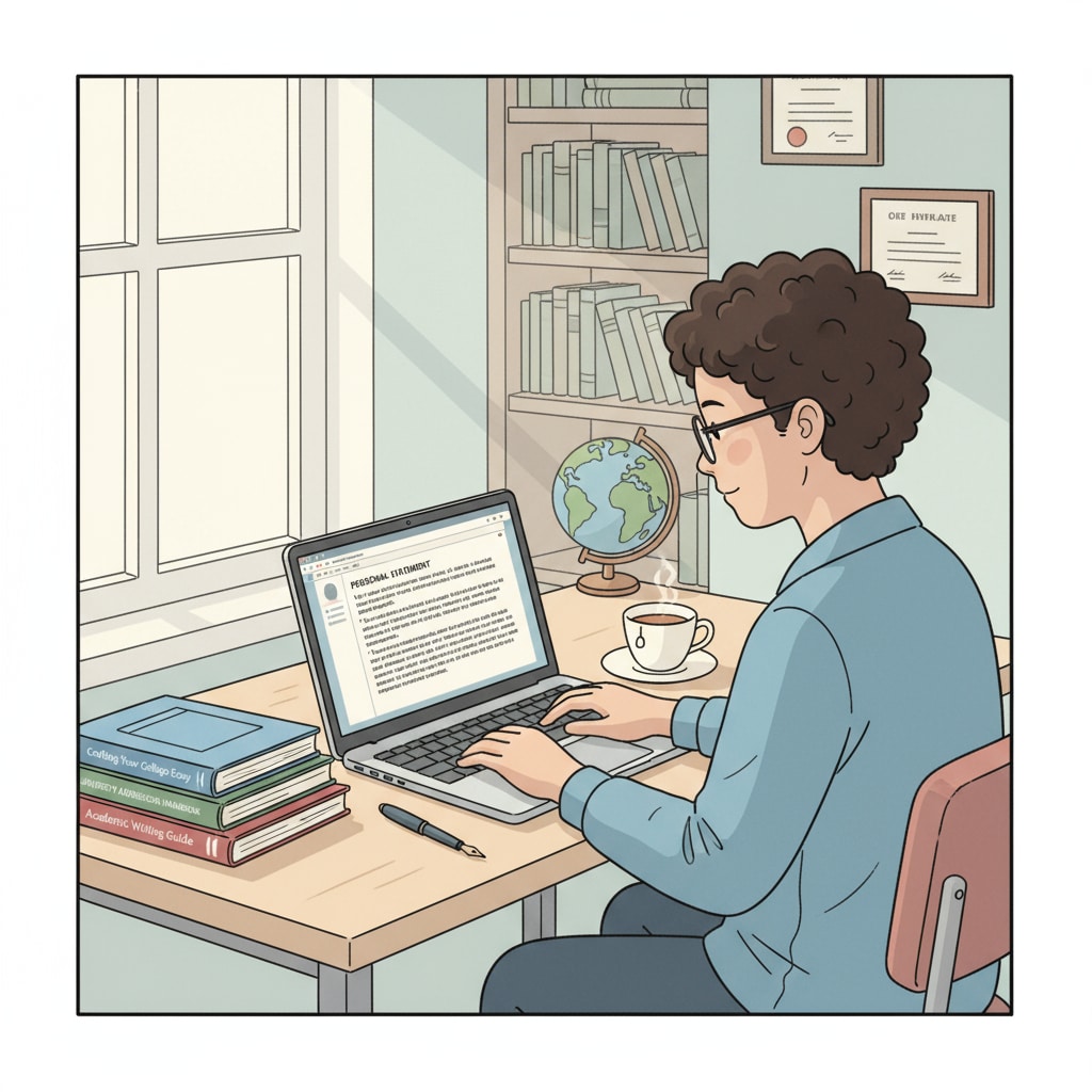 A student is sitting at a desk, typing on a laptop, working on a personal statement for an overseas university application. There are books about writing and university admissions beside the laptop. Student working on a personal statement for overseas university application considering scholarships and extracurricular aspects