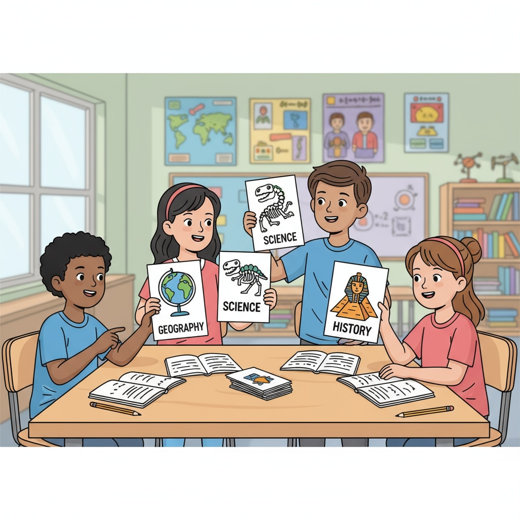 Students studying basic knowledge with flashcards in a classroom