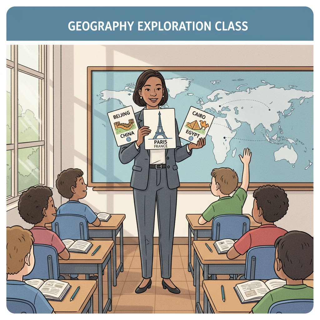 Teacher using flashcards to teach basic geographical knowledge