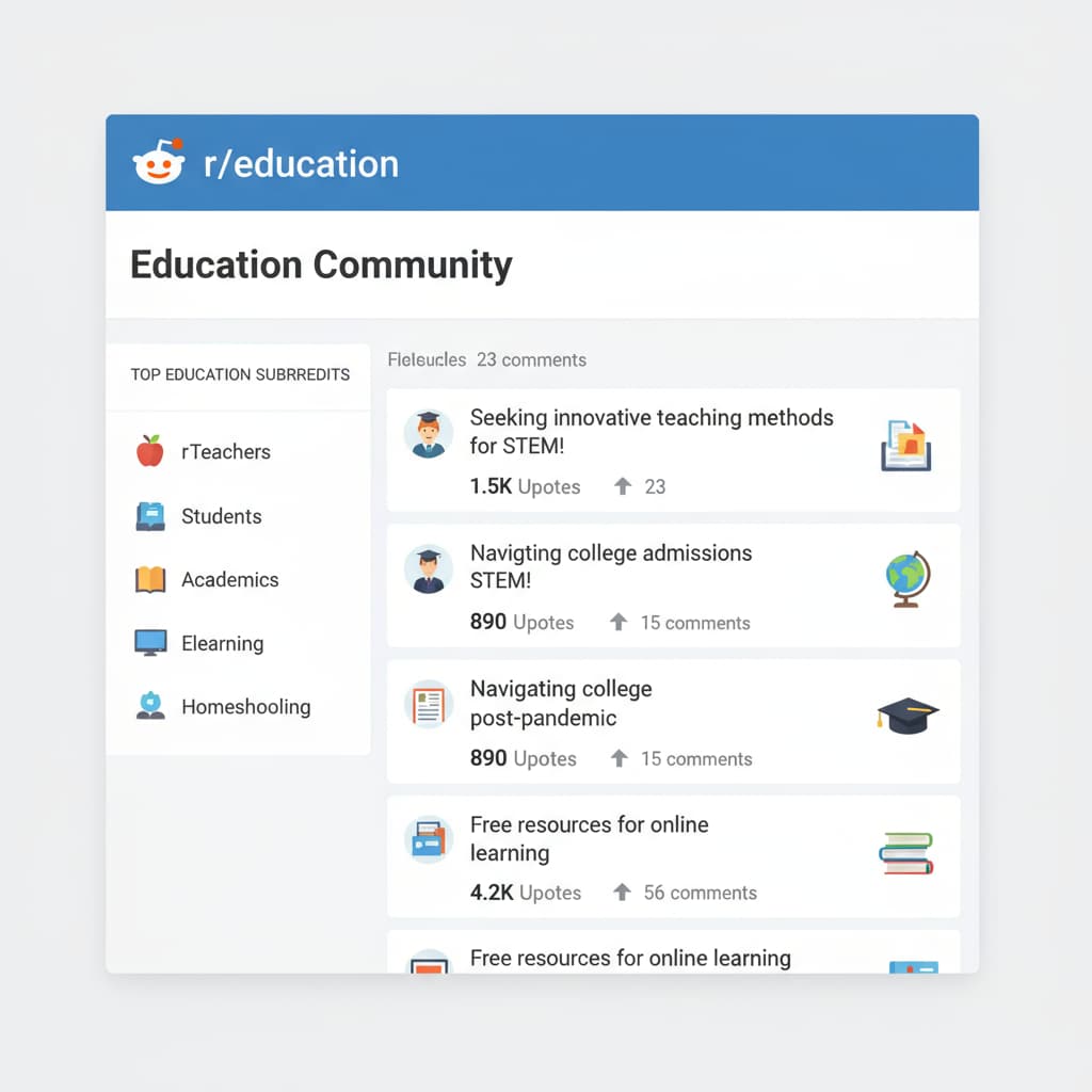 A view of Reddit's education community main page showing community rules, educational networks in the form of subreddits, and ongoing discussions.