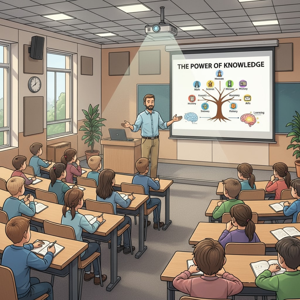 A group of K12 students are sitting in a lecture hall, listening intently to the lecturer. The lecturer is using a projector to display visual aids on the screen. K12 students attentively listening to a university lecture