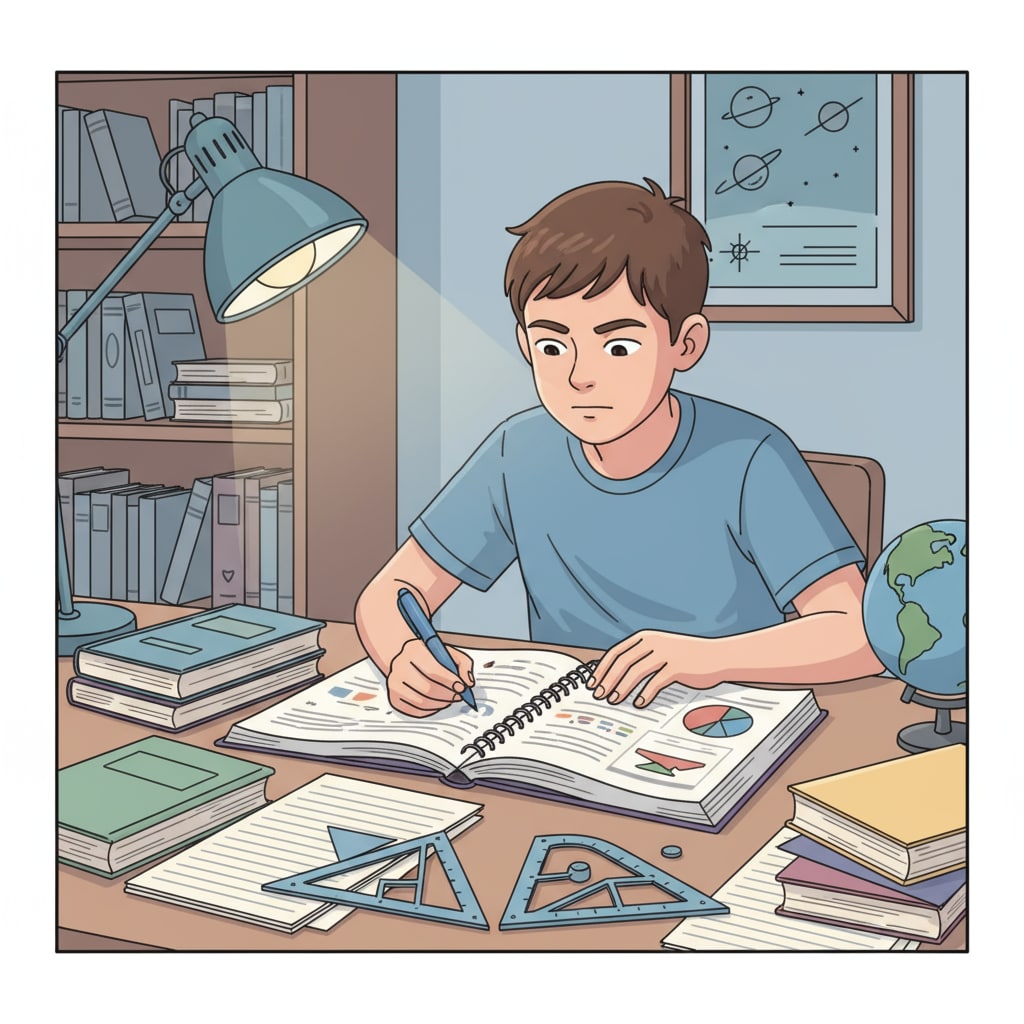 A K12 student is sitting at a desk in a quiet room, surrounded by books and notebooks. The student is taking notes and concentrating on self-study. K12 student taking notes during a university lecture