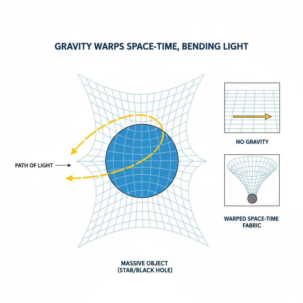 Illustration of gravity bending light path related to time warp and relativity