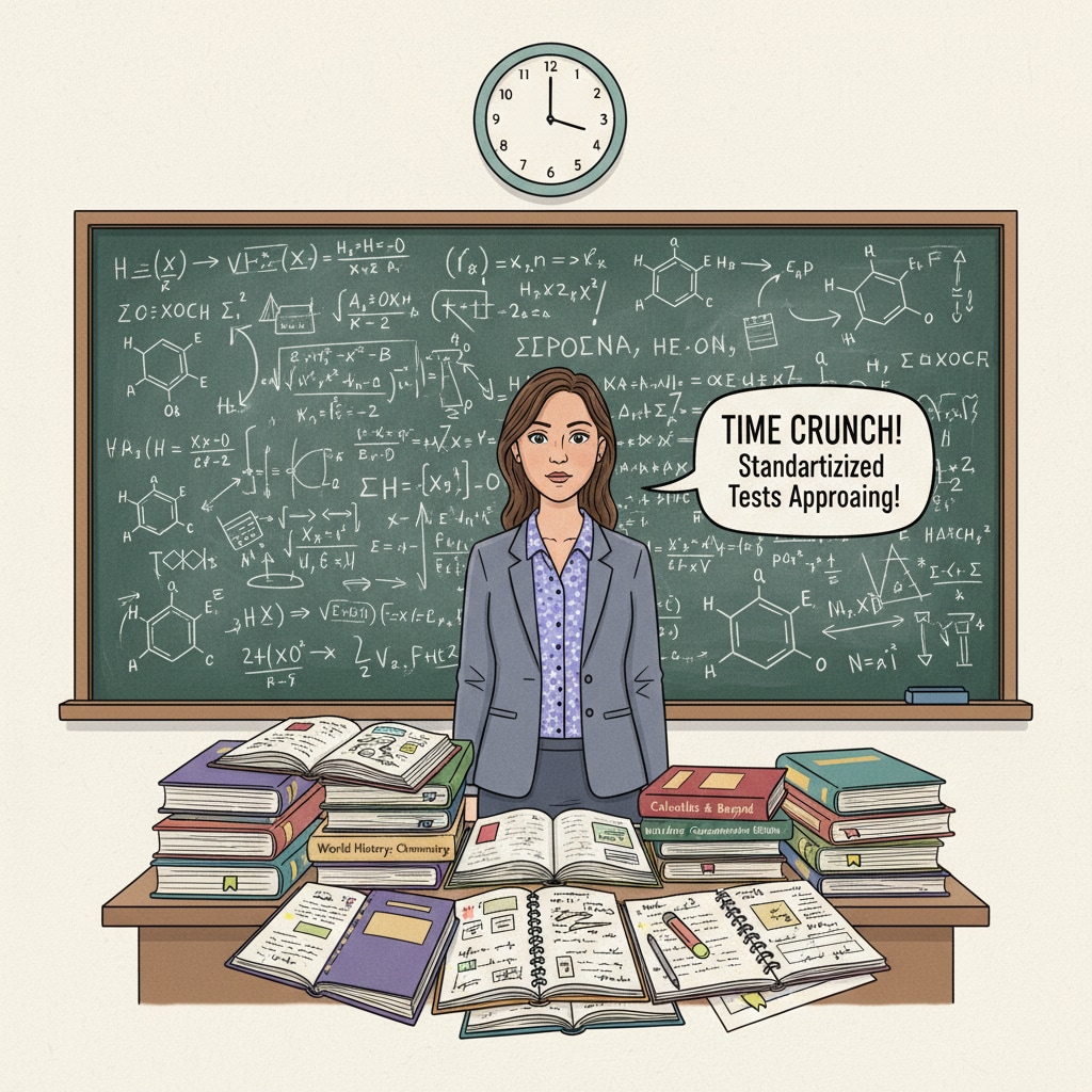 Teacher in front of a blackboard with academic formulas related to time pressure in secondary education