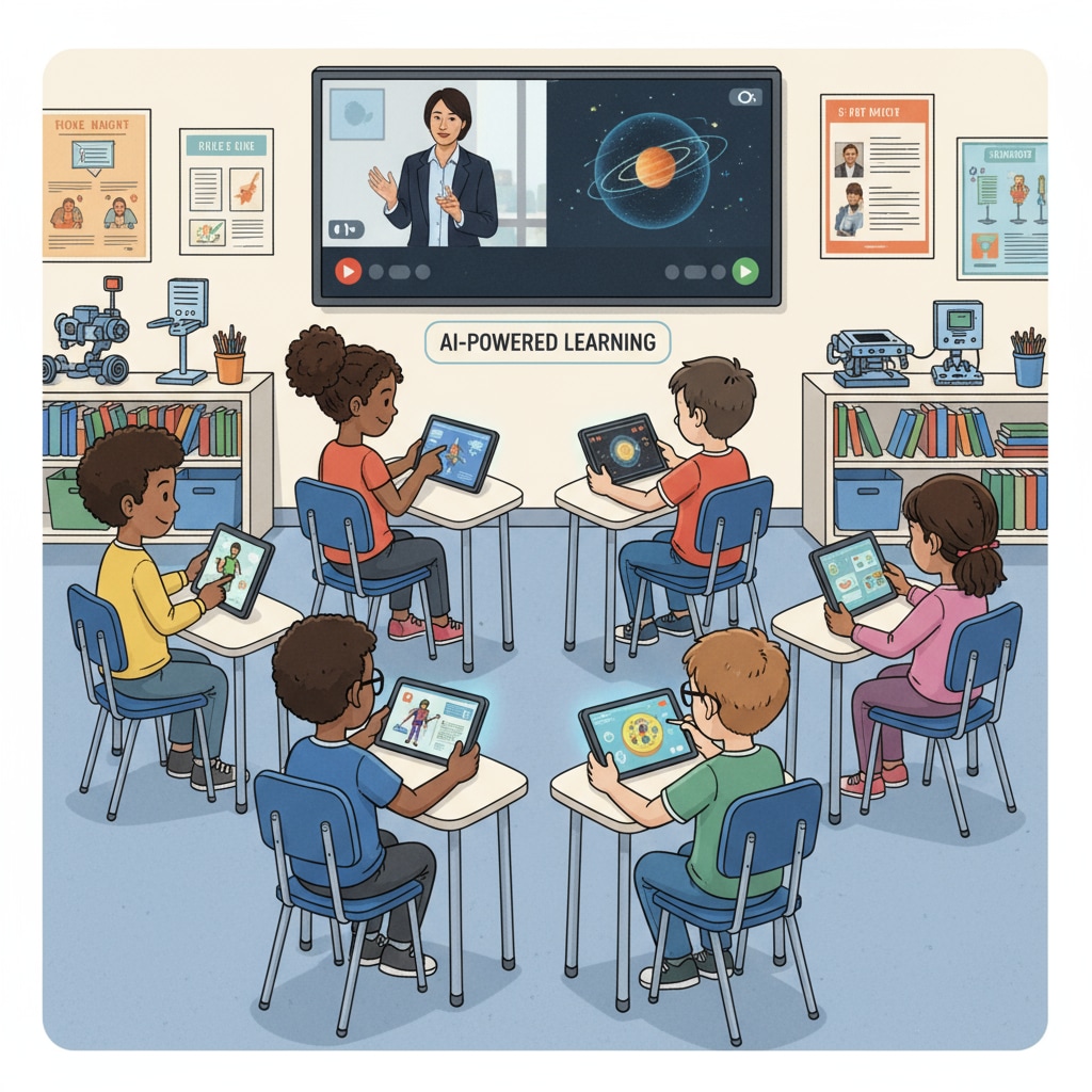 Students in a classroom using AI-assisted tools for video teaching to achieve educational equality.