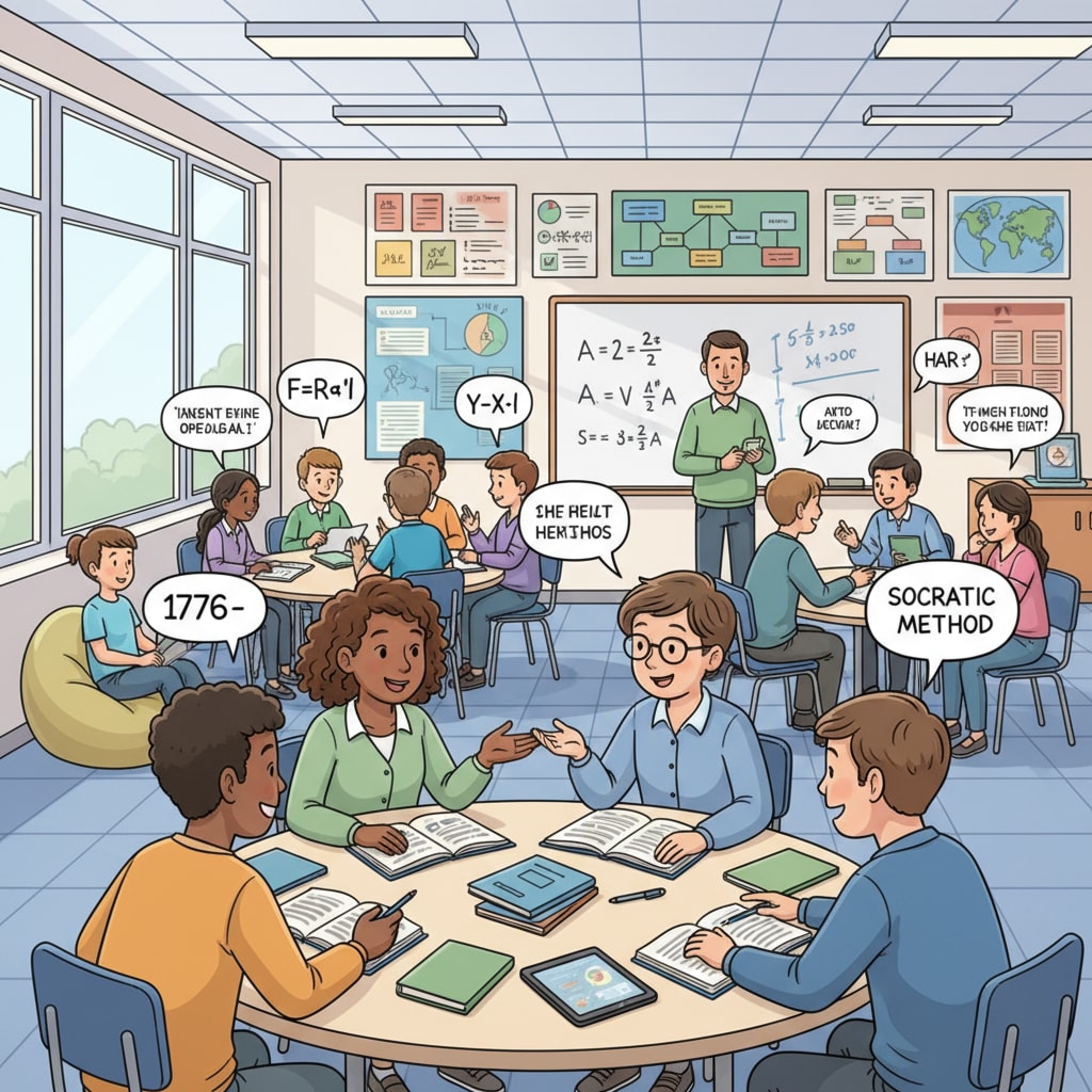 A classroom scene with students engaged in in-depth discussions about academic topics Classroom scene demonstrating academic rigor relevant to college applications