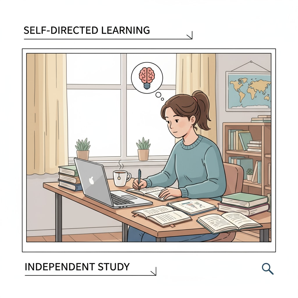 A student studying independently with books and a laptop, showing self-directed learning Student engaged in self-directed learning for college application enhancement