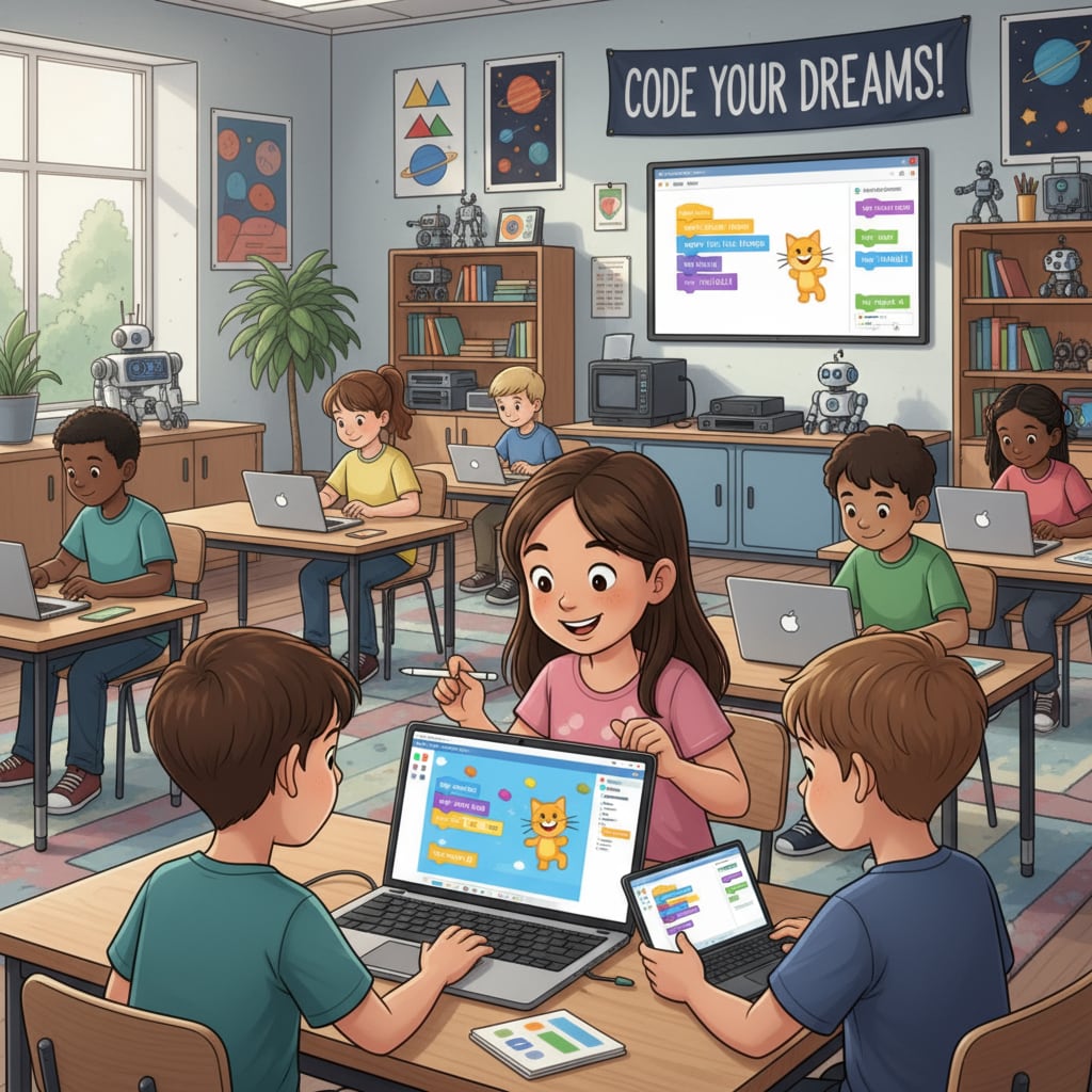 K12 students engaged in Scratch coding activity for software engineering foundation