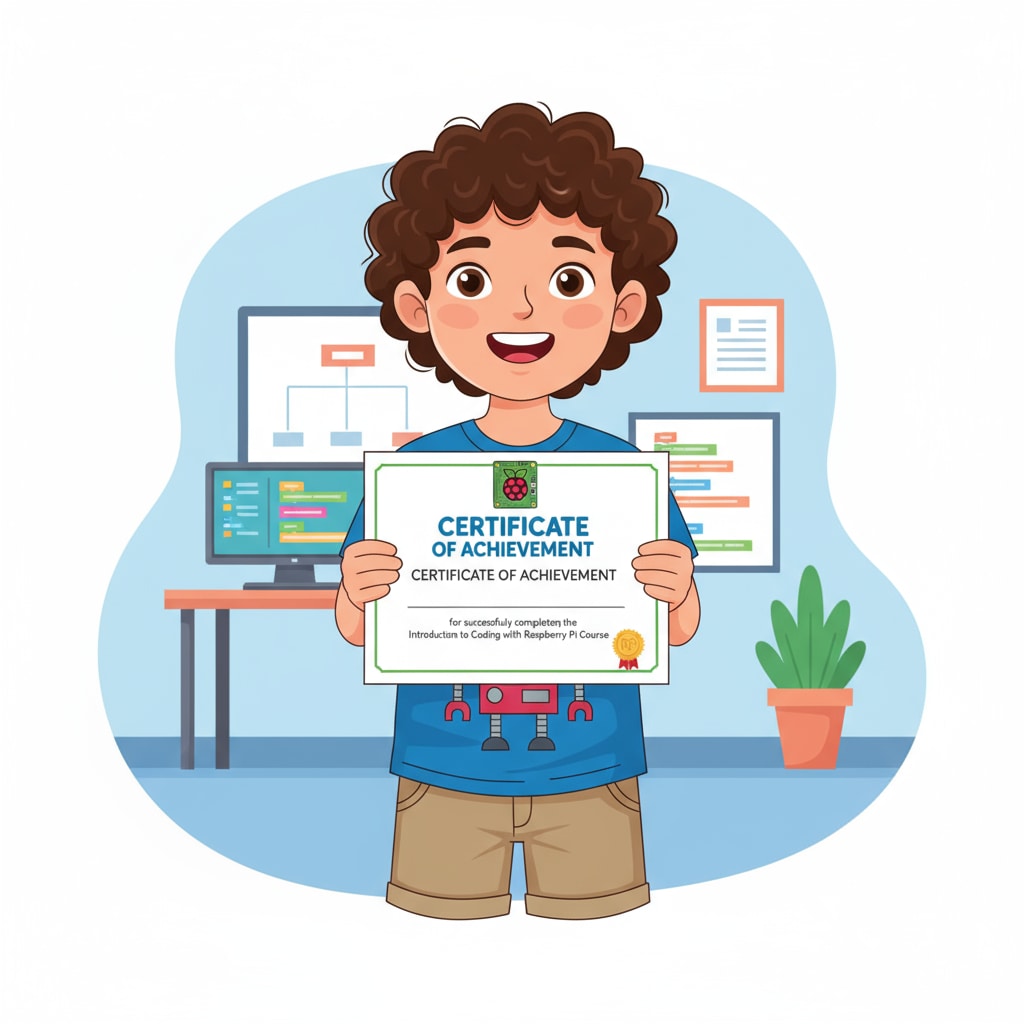 Primary school student with Raspberry Pi coding certification for software engineering resume boost