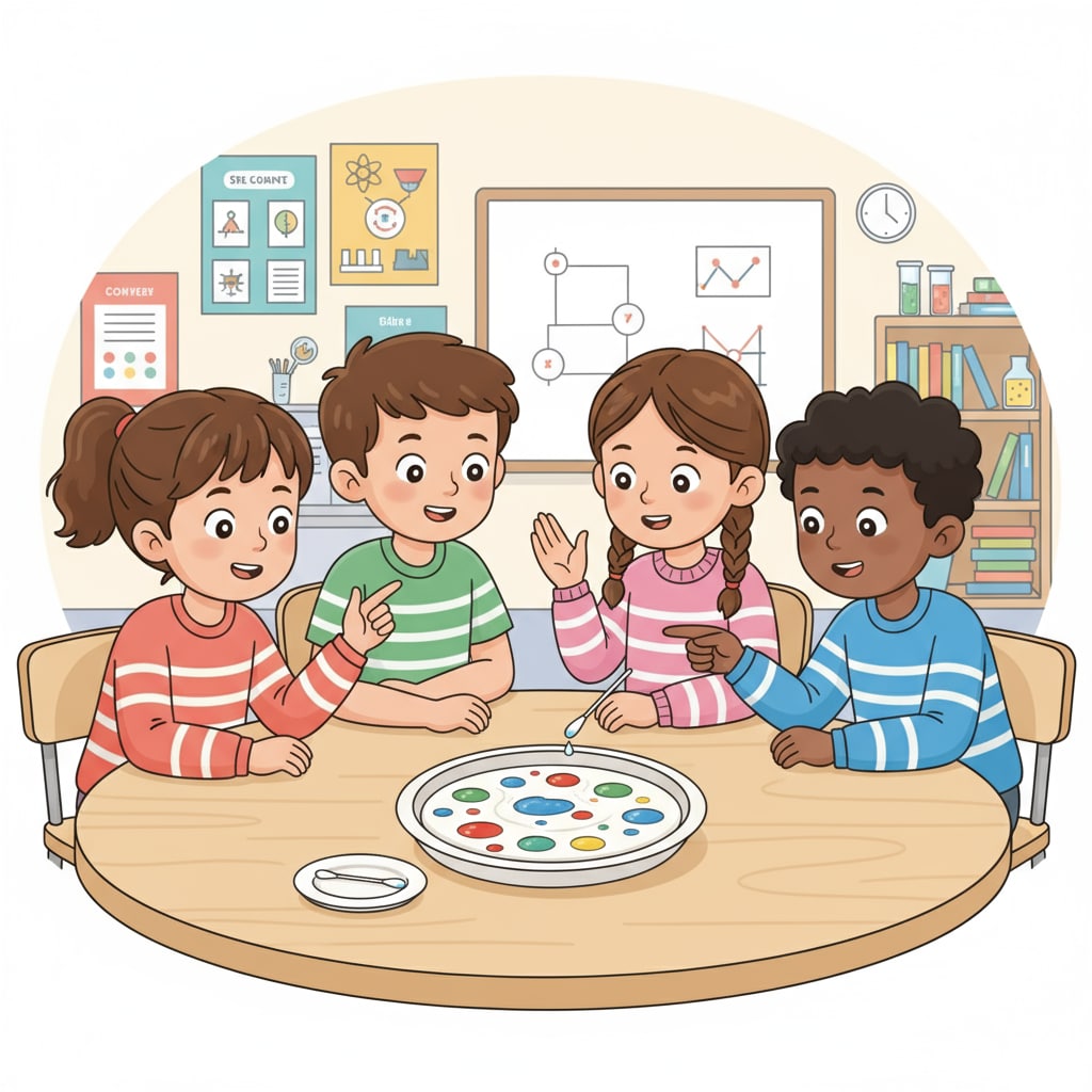 Primary school students conducting a simple rainbow milk experiment as part of science exhibition projects