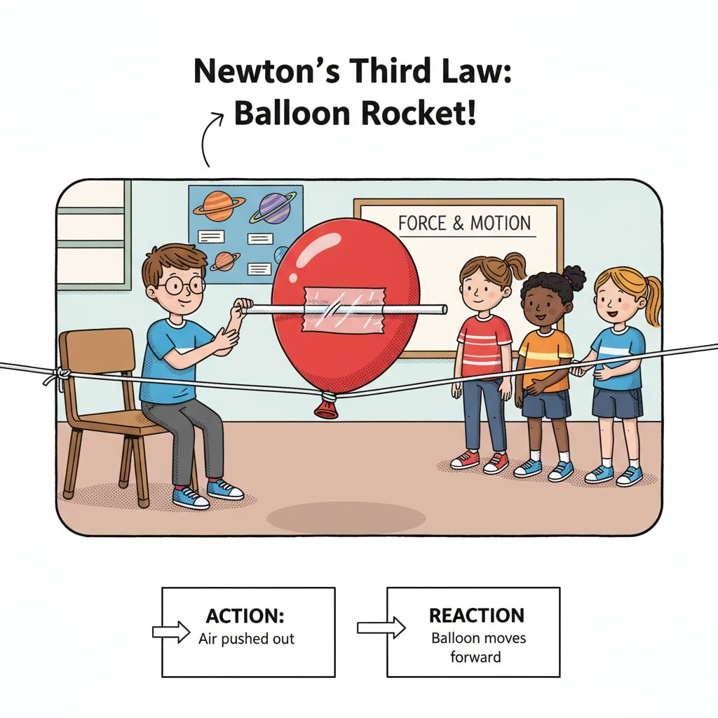 A primary school student preparing to conduct the balloon rocket experiment for a science exhibition project