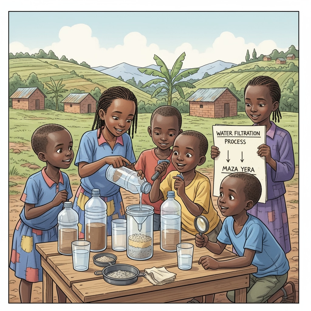 Children in rural Rwanda are actively involved in a simple water experiment, showing their enthusiasm for learning. Children in rural Rwanda participating in a water-themed STEM education experiment