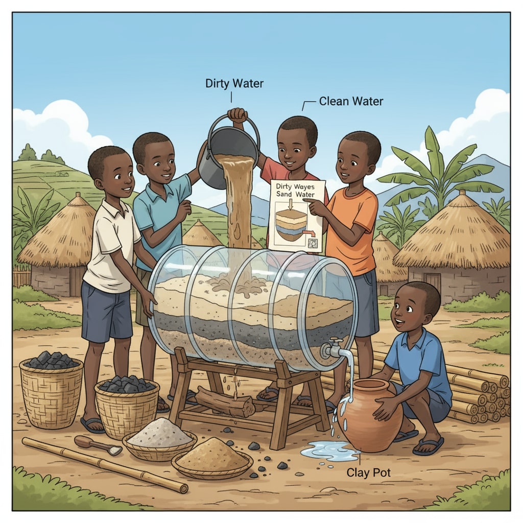 Rural Rwandan children are working together to construct a water filtration device using local materials such as sand and charcoal. Rural Rwandan children constructing a water filtration device for STEM education